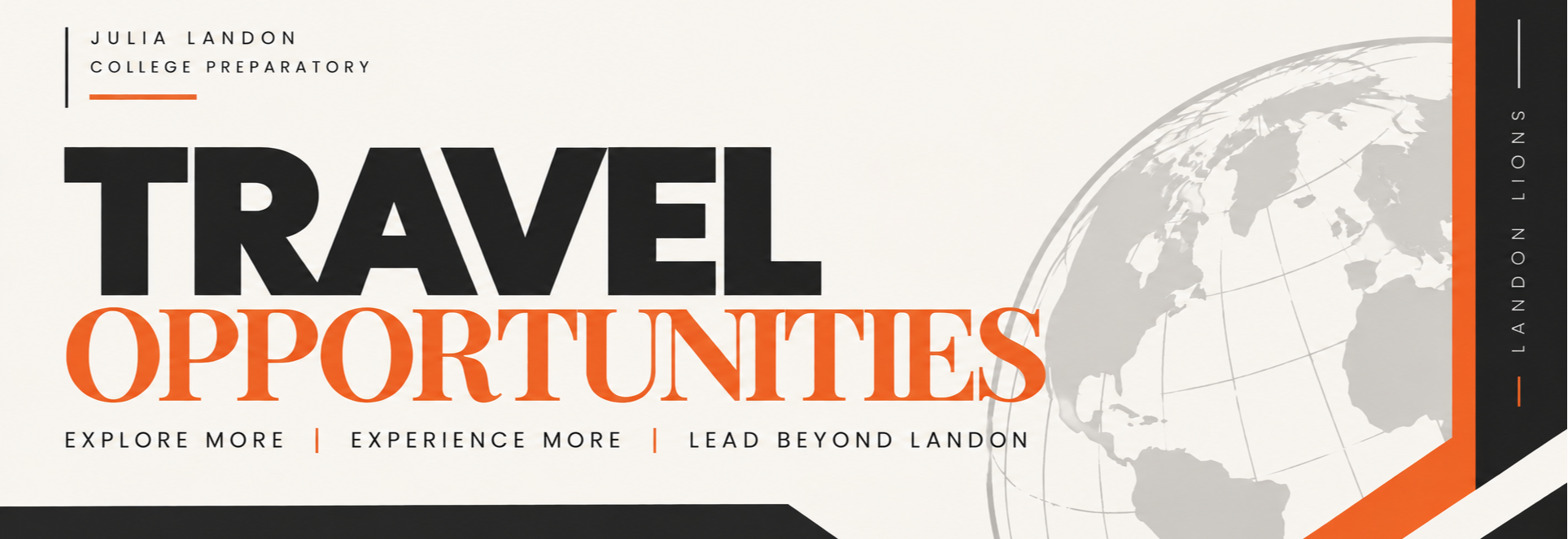 Text "Travel Opportunities" in bold with an image of a globe in the background. The globe is grey and orange.