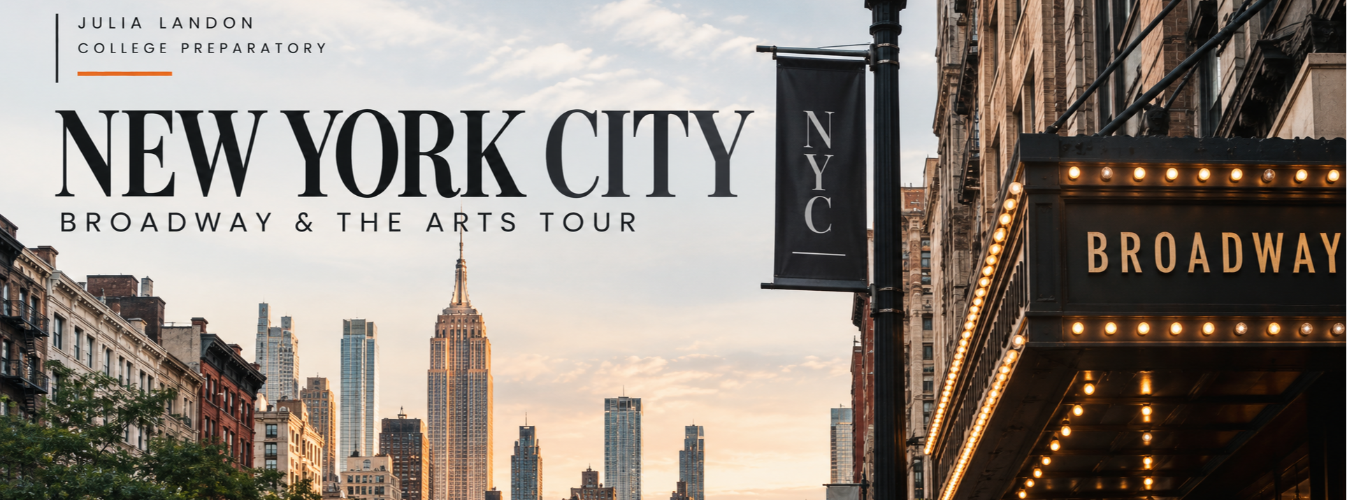 Urban skyline with high-rise buildings, including the Empire State Building, under a clear sky.