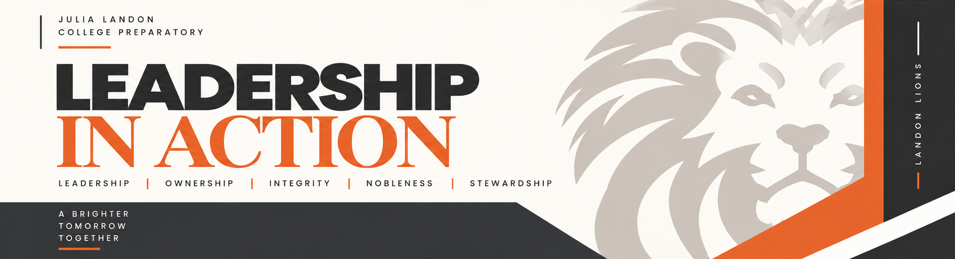 A banner displays "Leadership in Action" with a lion head in the corner. The lion is gray and white with black stripes.