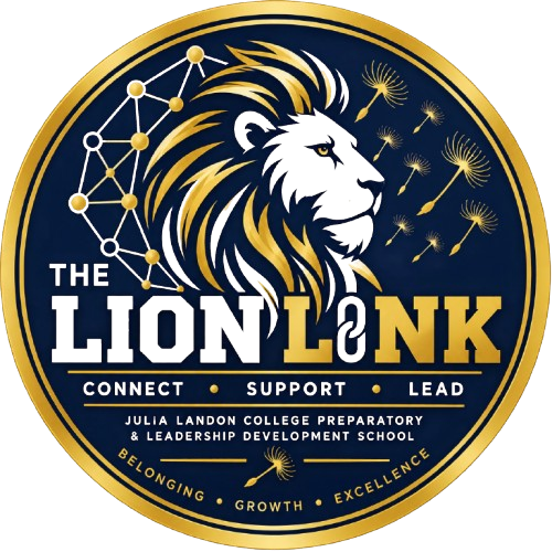 A circular logo features a lion, stars, and dandelions. It reads "The LionLink" and "Connect, Support, Lead."