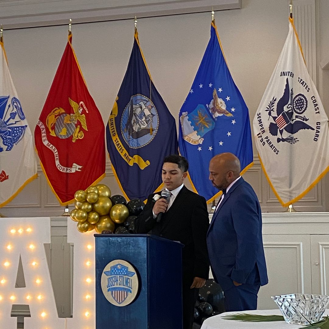 Cadet Torres-Alvarez speaking at the Military Ball.