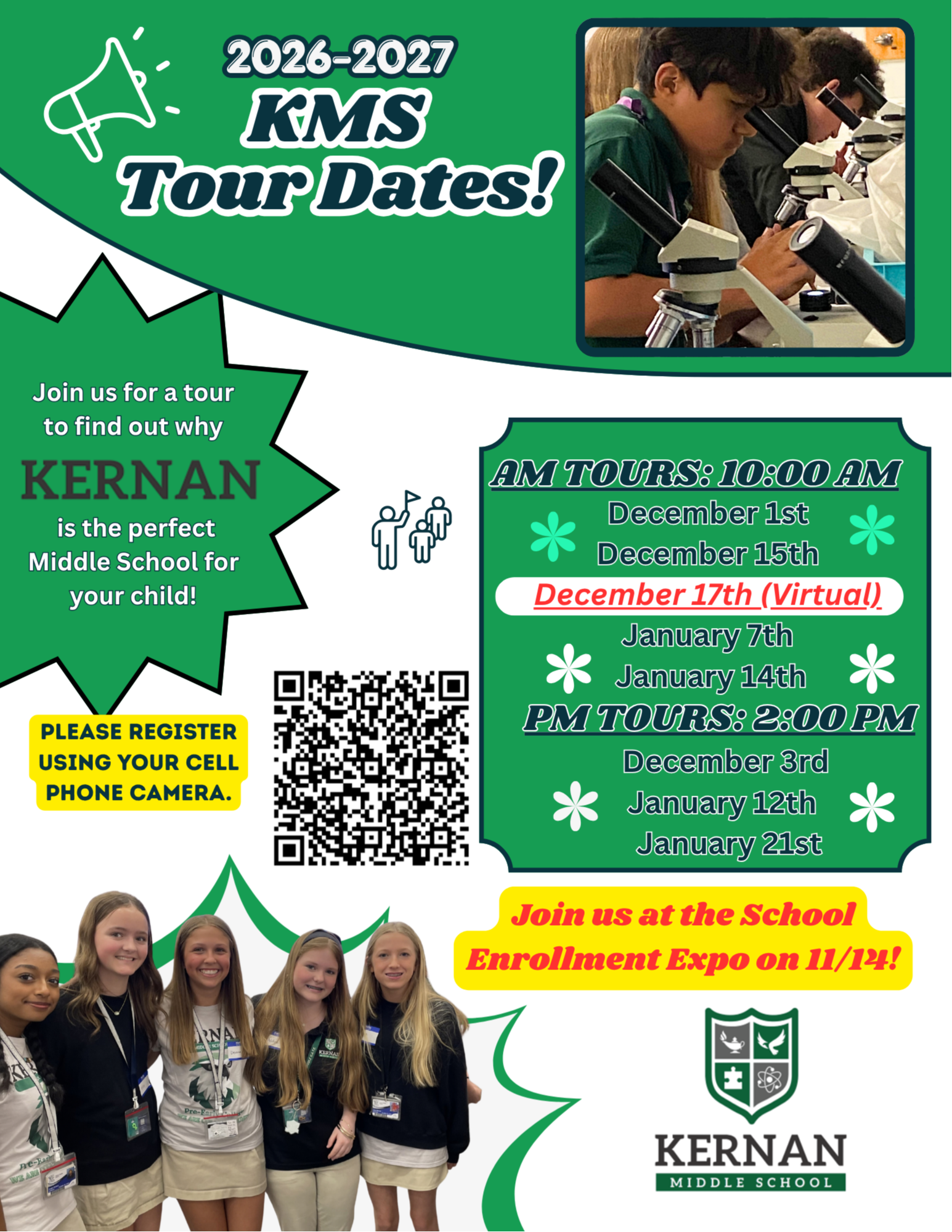 An announcement shows Ker-Nan Middle School tour dates. A group of girls in uniforms and a child using a microscope are pictured.