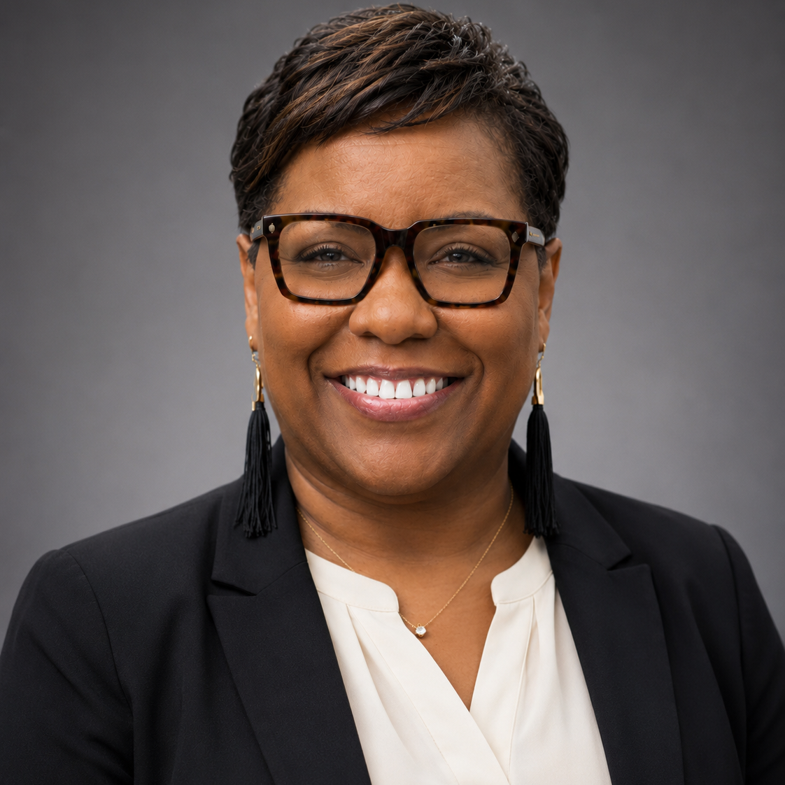A smiling adult female with short hair, glasses, and a black blazer over a white shirt.