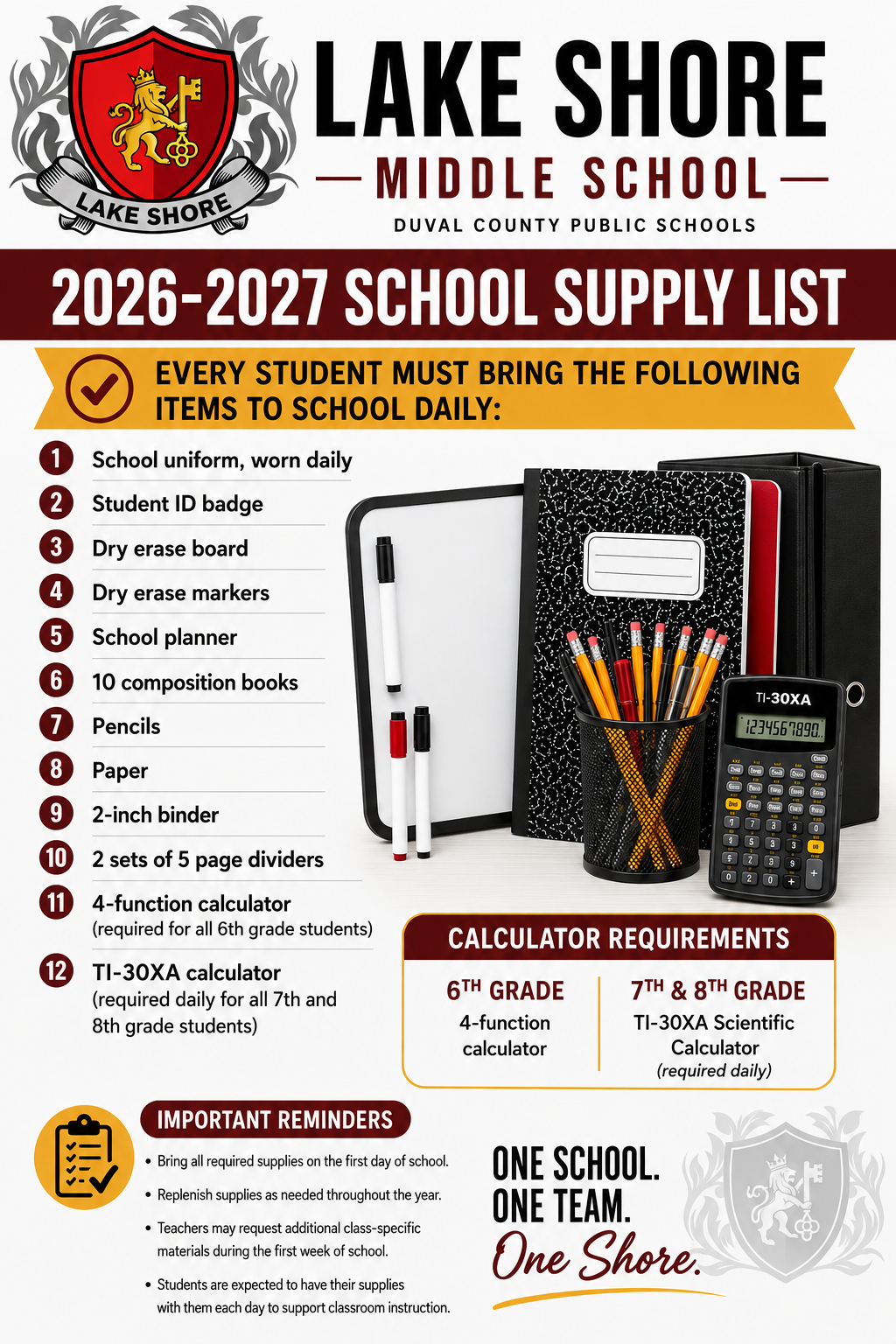 Lake Shore Middle School Supply List