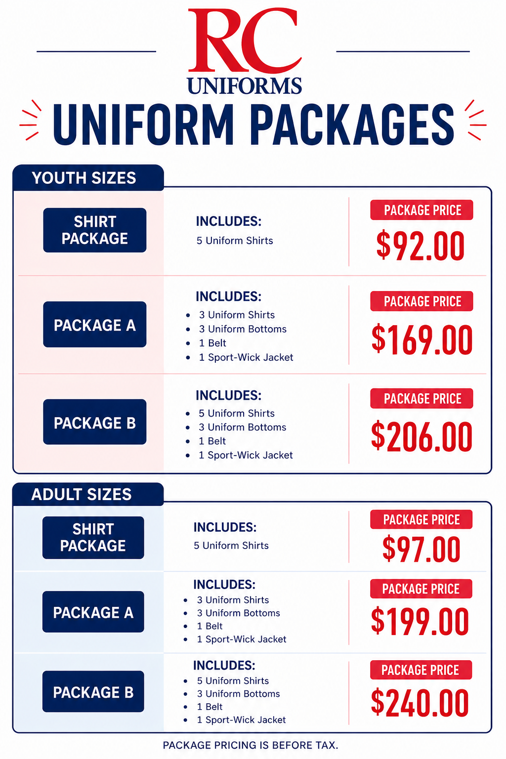 RC Uniform Price list
