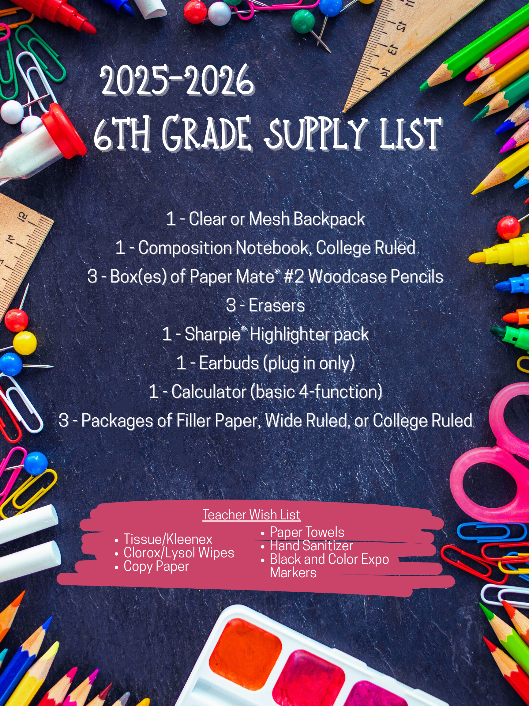 6th Grade Supply List