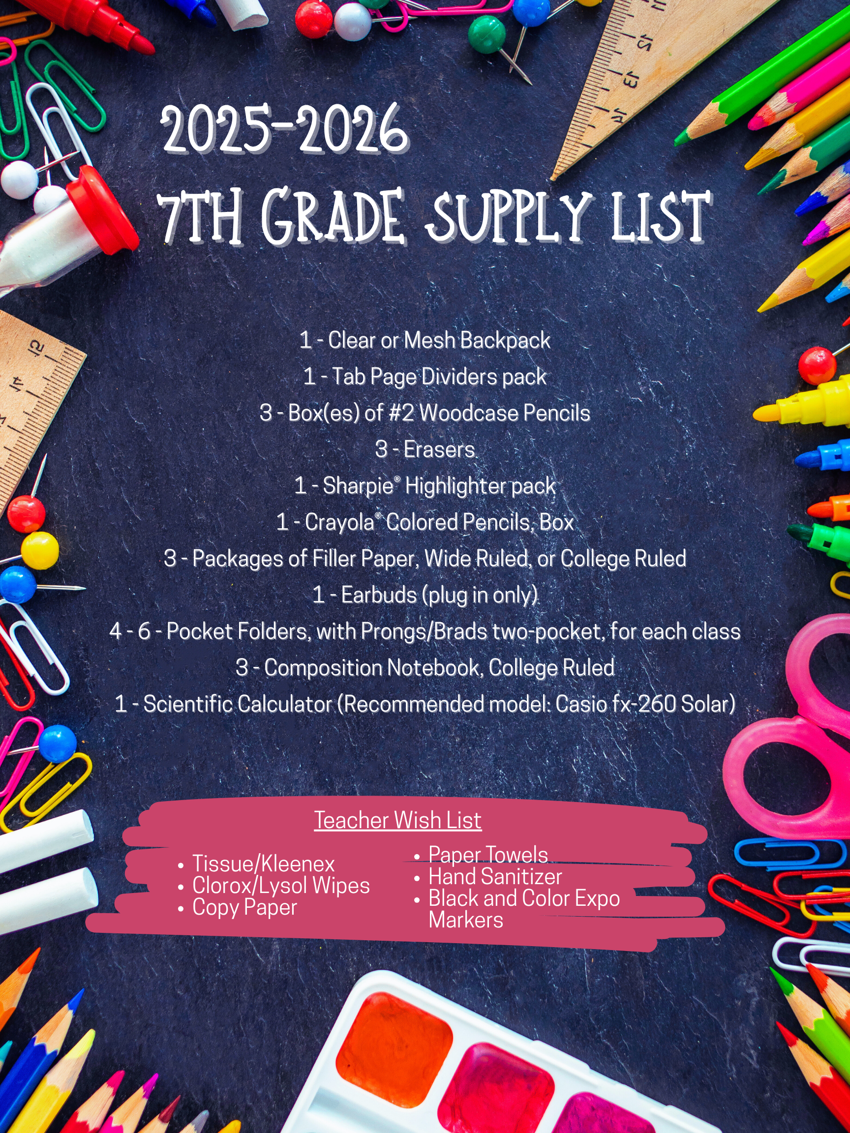 7th Grade Supply List
