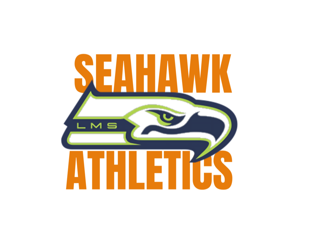 In orange are the words Seahawk and Athletics.  The image in the middle is a stylized head of a seahawk in blue and highlight green.  The face is look ing to the  right with LMS imbedded in the logo.