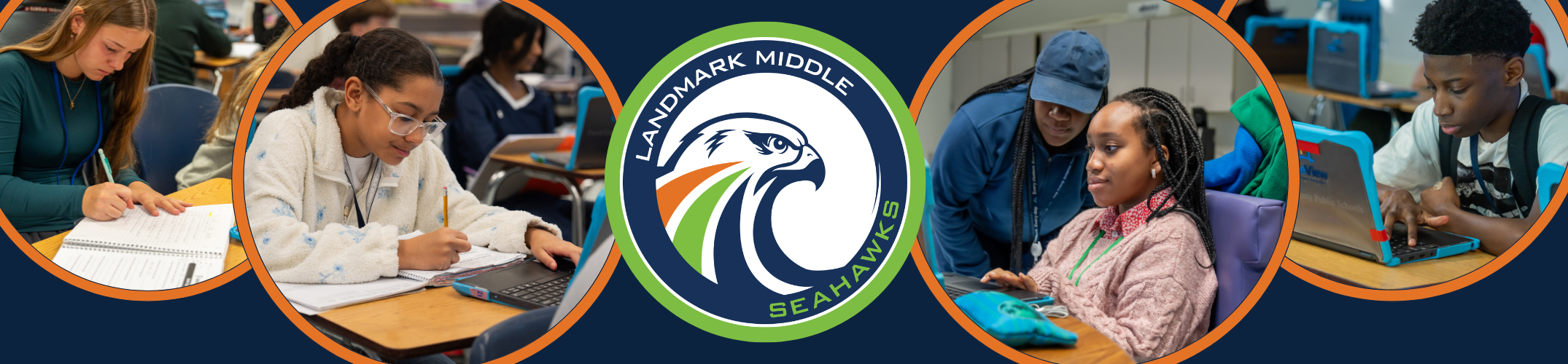 Four images of students in a classroom with the Landmark logo in the center