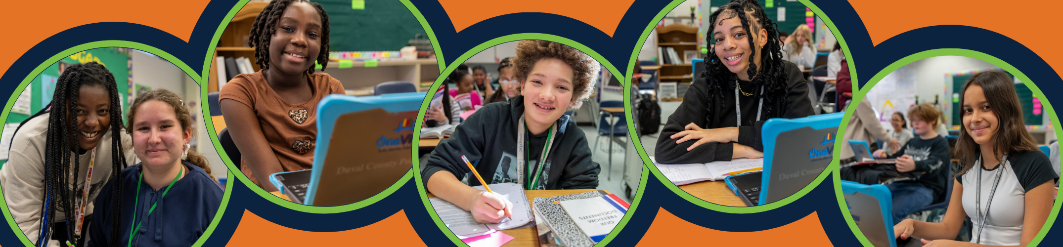 Five photographs of students in classrooms with an orange background