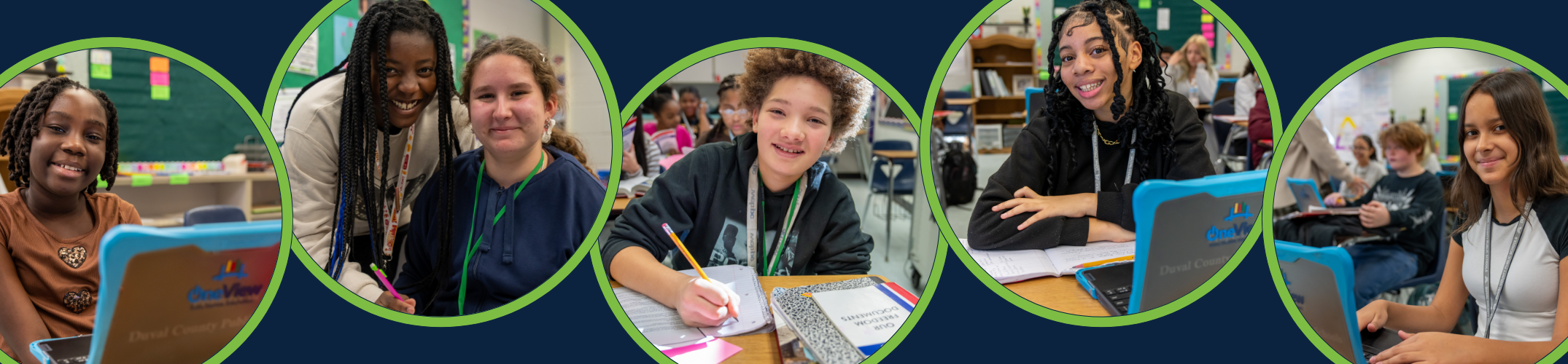 Five photographs of students in classrooms.  Photographs are circled in shape with a navy background.