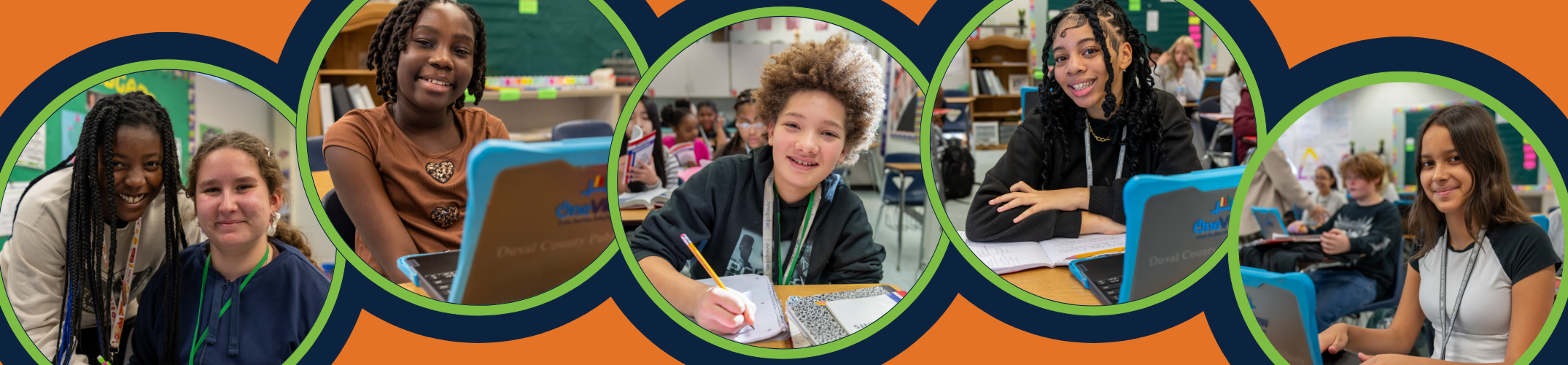 Five images of students in classrooms