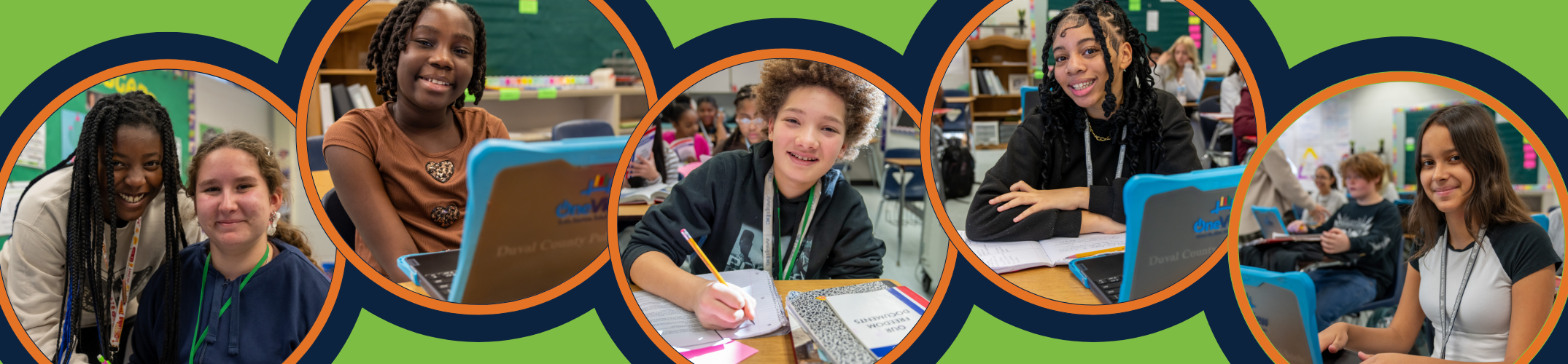 A series of children in classroom settings, engaged in various activities like writing, reading, and working on projects.