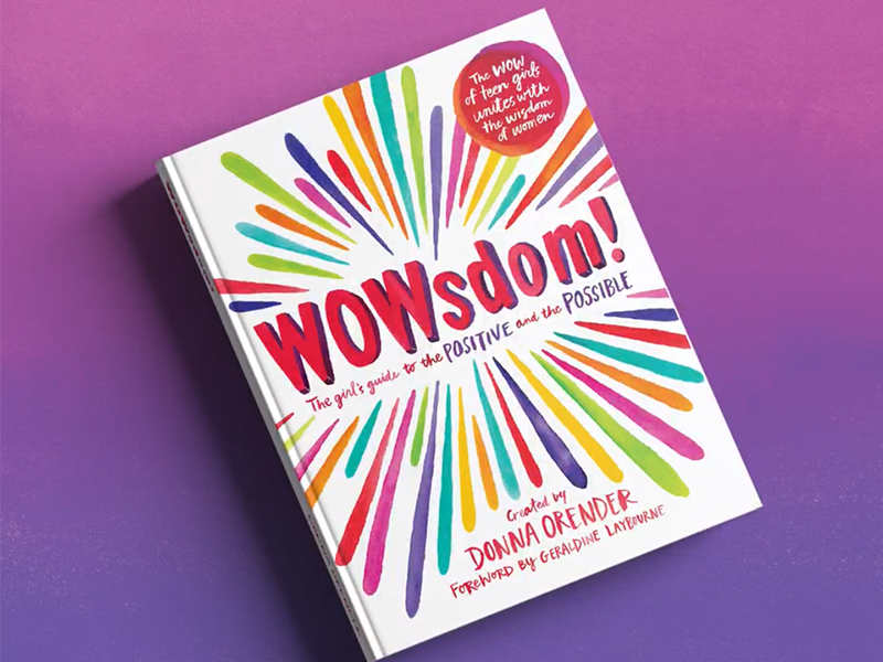 A book titled "WOWsdom!" is displayed on a purple background. The cover features multicolored lines radiating from the center.
