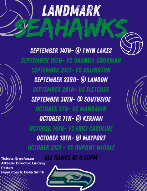 A poster displays a schedule for the Landmark Seahawks, with match dates and venues, and a team logo.