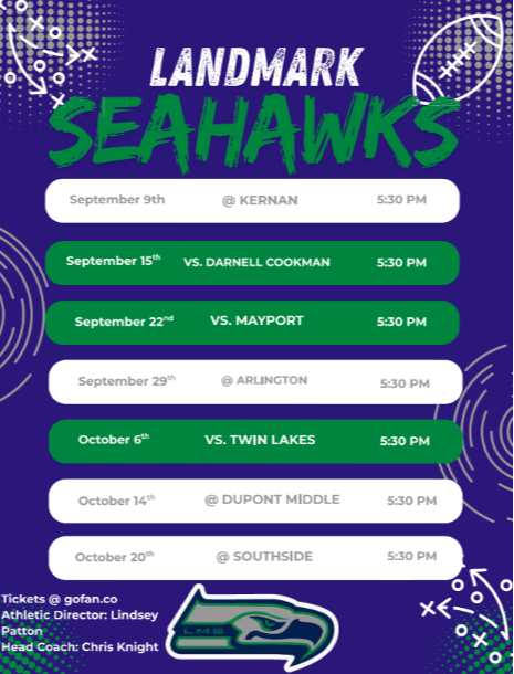 Blue background with a white text and green icons. "Landmark Seahawks" is at the top. Various dates and opponent names are listed below.