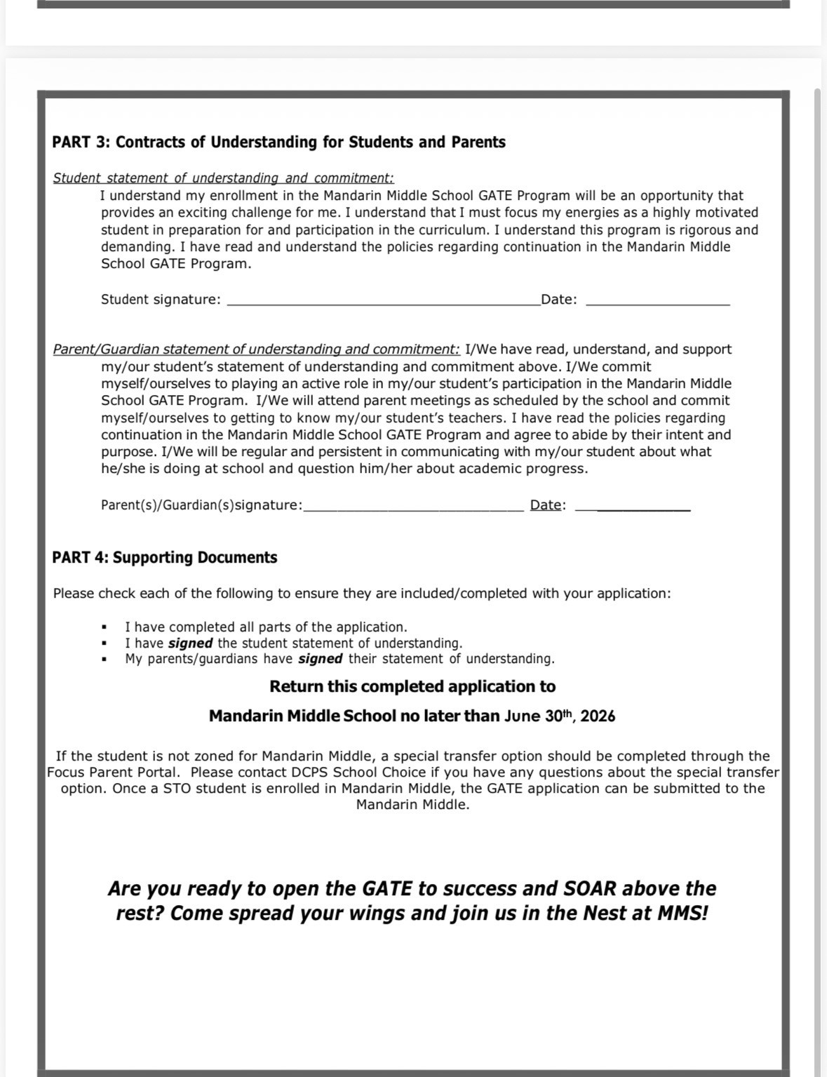 A document titled "Contracts of Understanding for Students and Parents" has sections labeled "Part 3" and "Part 4". Each part includes statements and signatures sections.