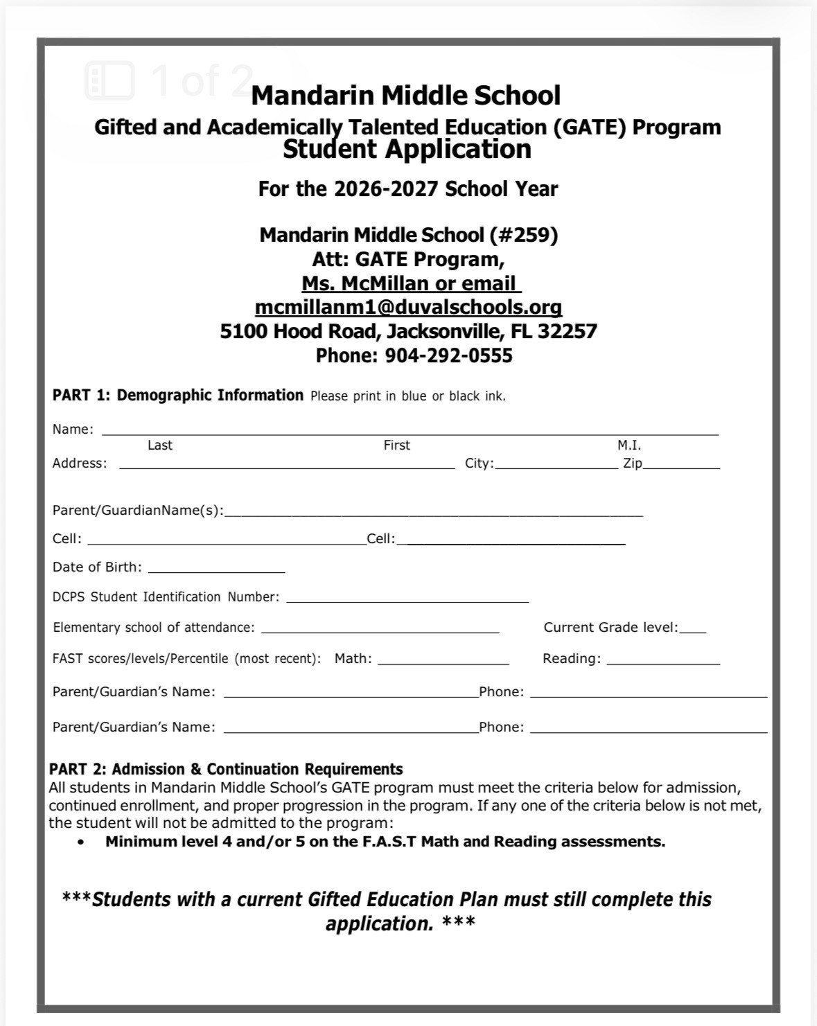 Form for Mandarin Middle School's Gifted and Academically Talented Education (GATE) program application. It asks for demographic information, parent details, and school details.