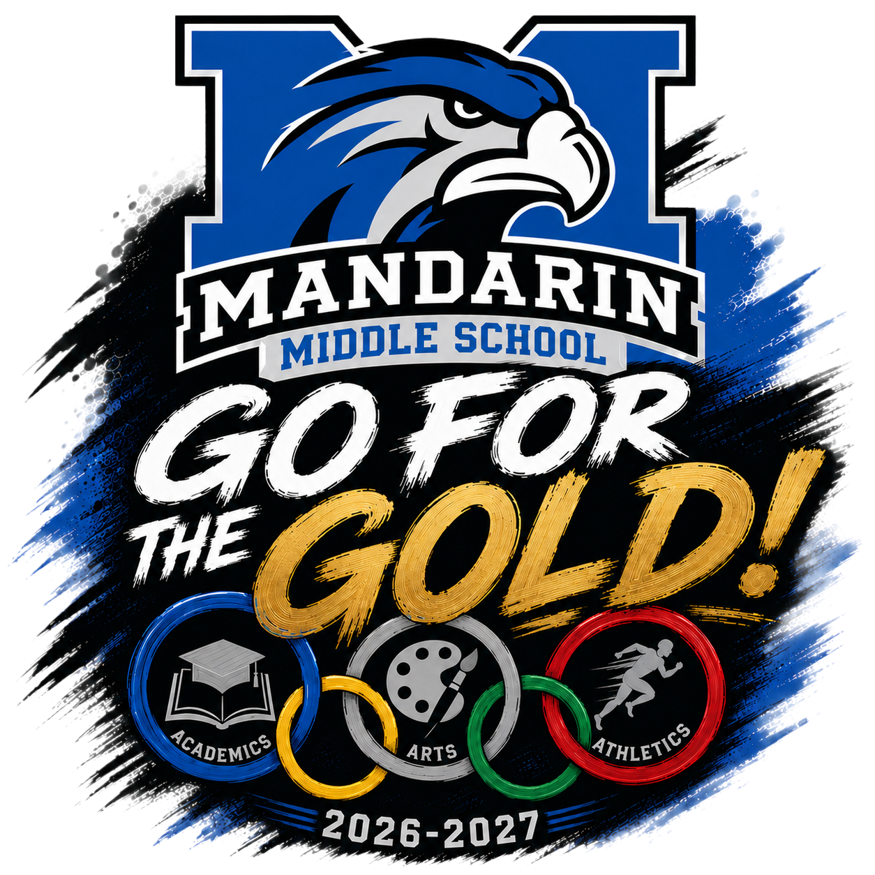 A logo featuring "Mandarin Middle School" above "Go for the Gold!" with three circles below.