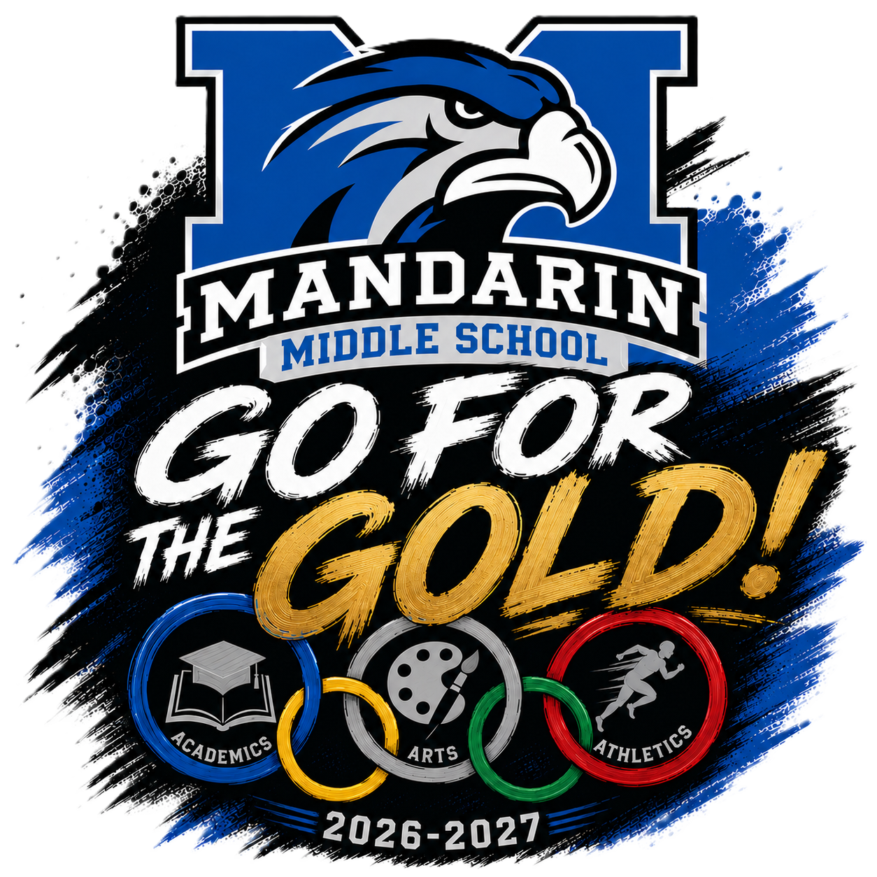 Logo with a blue eagle, "Mandarin Middle School" text, and "Go For The Gold!" in yellow. Icons of a graduation cap, film reel, and runner below.