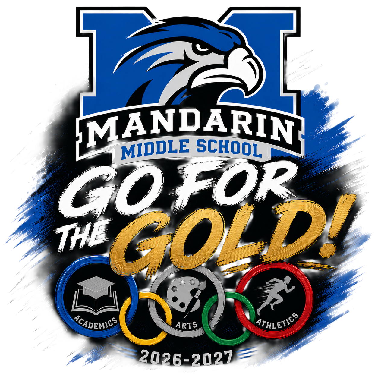 Logo for Mandarin Middle School with the words "Go For The Gold!" and emblems for academics, arts, and athletics.