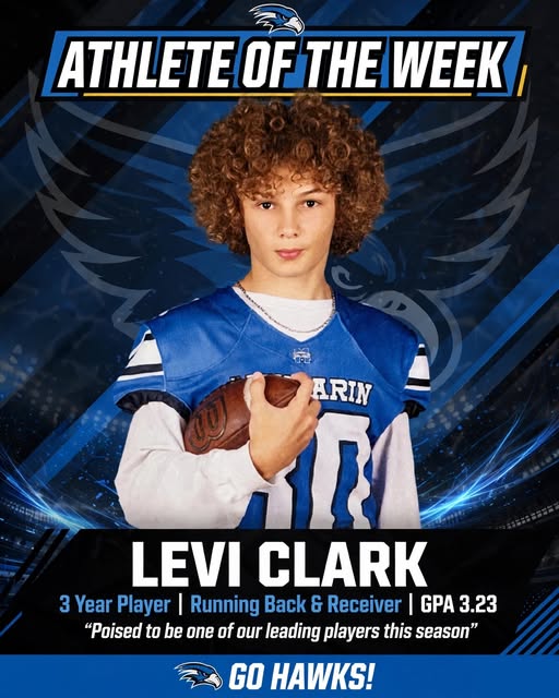 Poster with Levi Clark in a football uniform holding a ball. Text reads, "Athlete of the Week" and "Levi Clark."