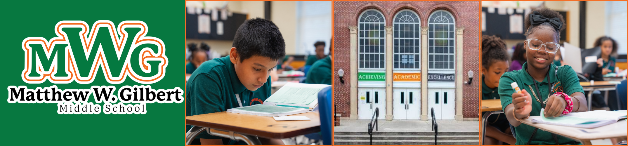 Three images show students in green shirts at desks, one writing, one studying, and one near a building.