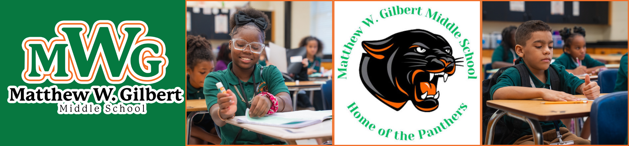 Three images: school logo, children at desks, school mascot. One child smiles, another looks down, and the third looks to the side.