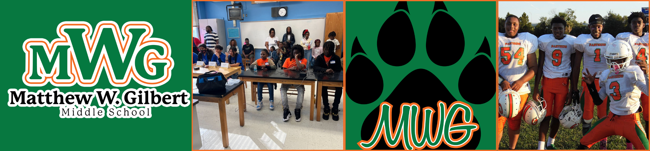 Collage of images: school logo, students in a room, a paw print, and a sports team.