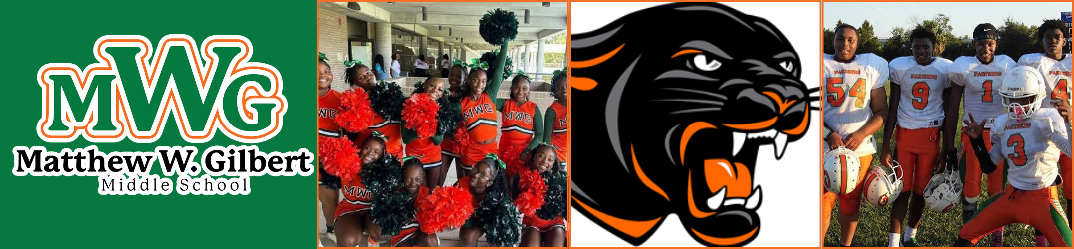 Three images: a school logo, a group of students in red, and a black and orange panther.