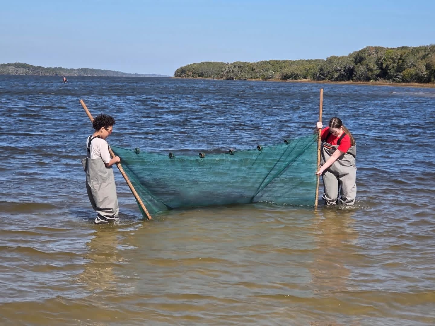 Two students standing in knee height water with a fishing net