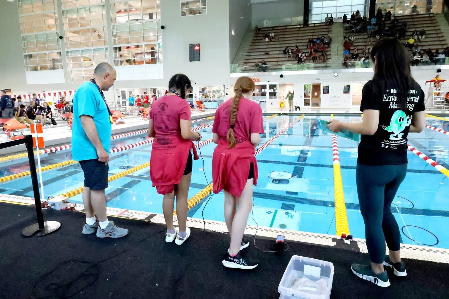 Students standing at the edge of a pool