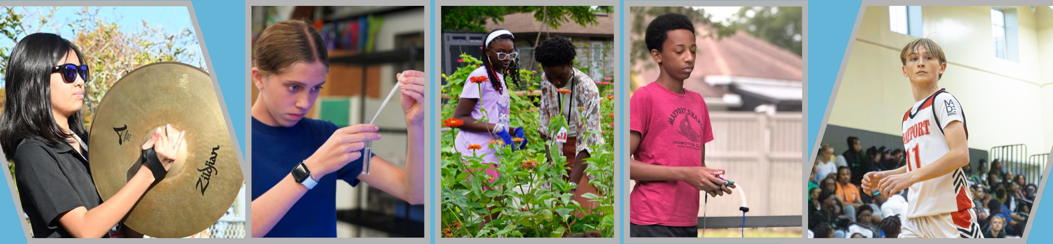 Four photos showing students engaged in different activities: playing a drum, reading, gardening, and playing a musical instrument.
