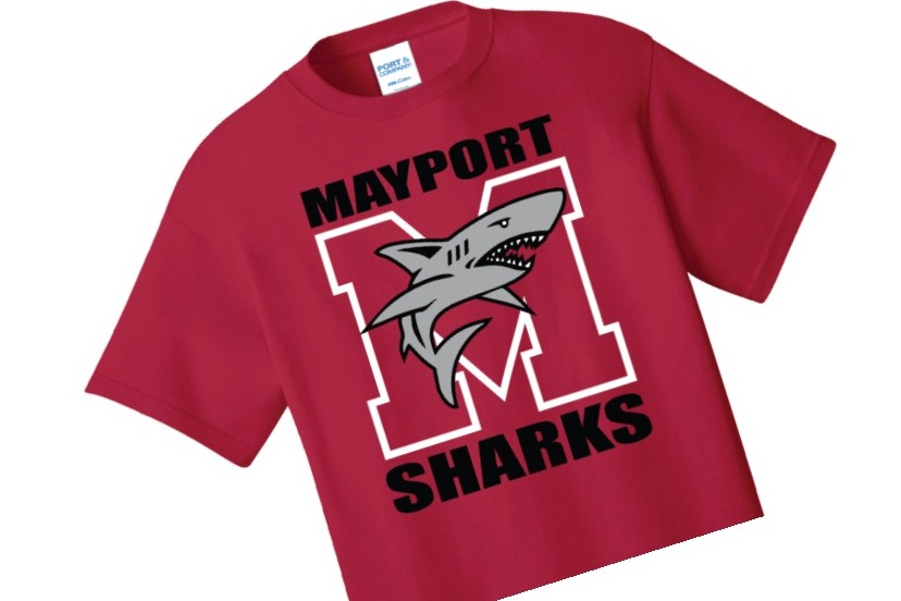 Red t-shirt with a shark logo and "Mayport Sharks" in white, positioned above a stylized "M" letter.
