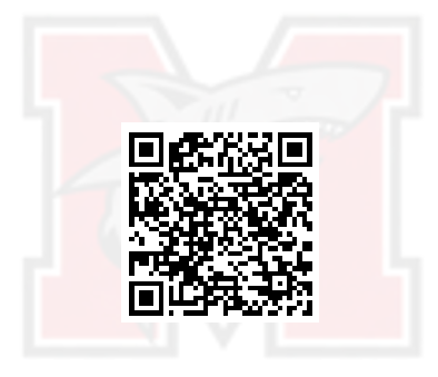 QR code with a black and white pattern in the center. The letter "M" in pink is behind the QR code.