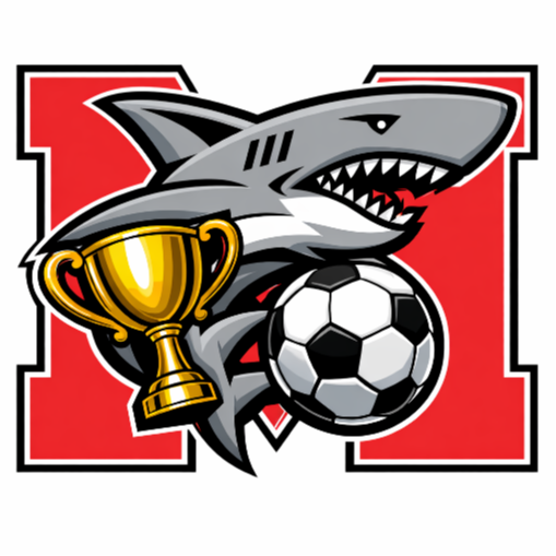 A mascot featuring a shark holding a trophy and soccer ball. The shark is gray with red eyes.