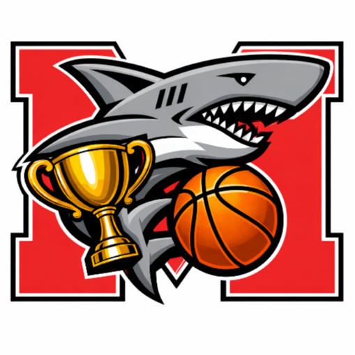 A logo with a shark holding a basketball and trophy, set against a red backdrop.