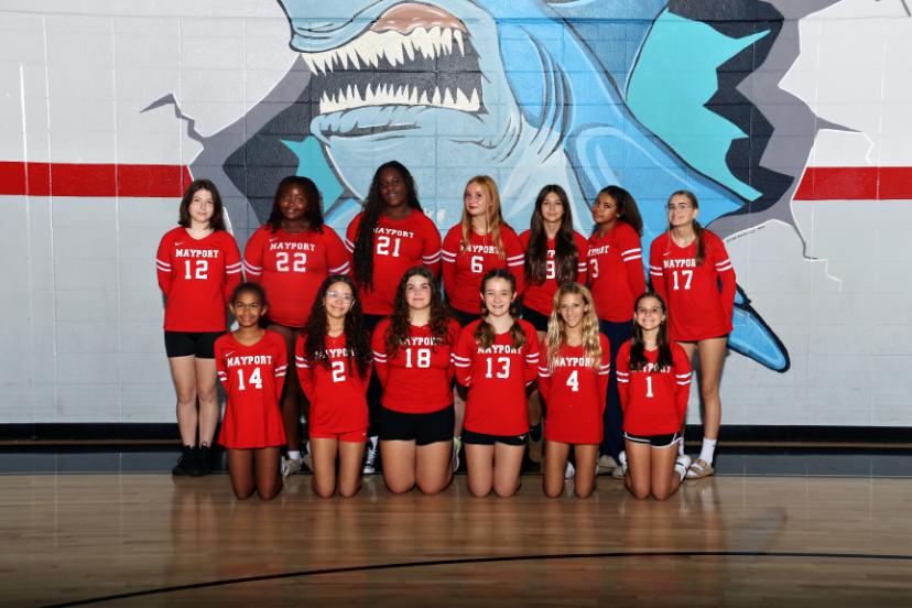 A group of female volleyball players in red jerseys poses for a photo in a gym.