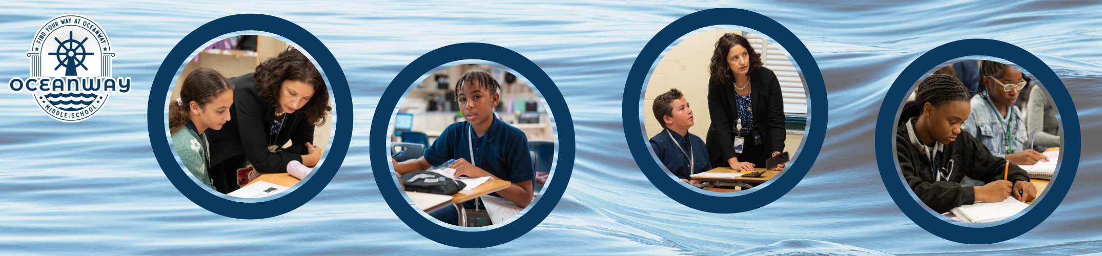 Four circular photos of students working at desks, blue background with waves and a school logo.