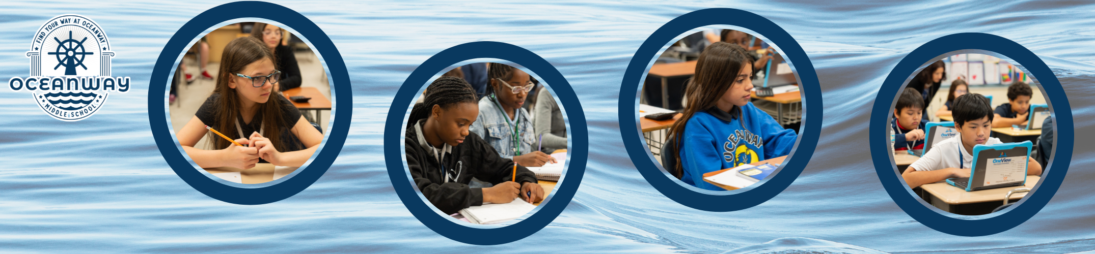 Four circular images of students seated at desks in a classroom, with a blue water background and a logo.