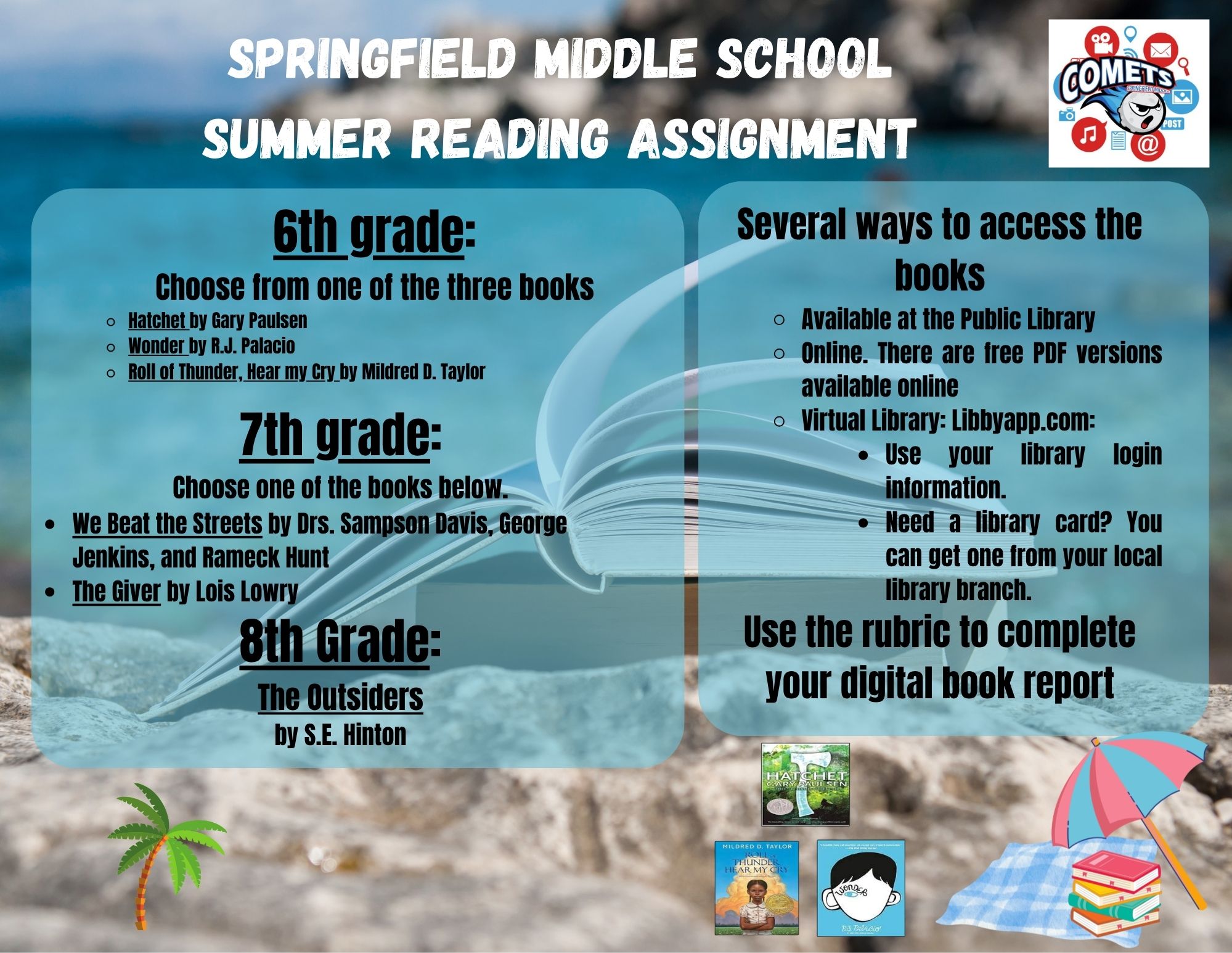 A visual guide for Springfield Middle School summer reading shows options for grades 6, 7, and 8. Beach background.