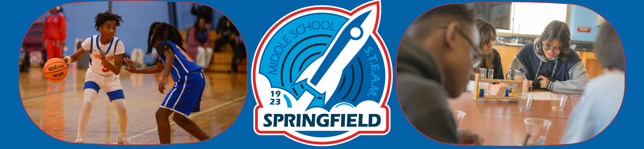 Three images: basketball player, Springfield logo, and people sitting at a table with a man wearing glasses.