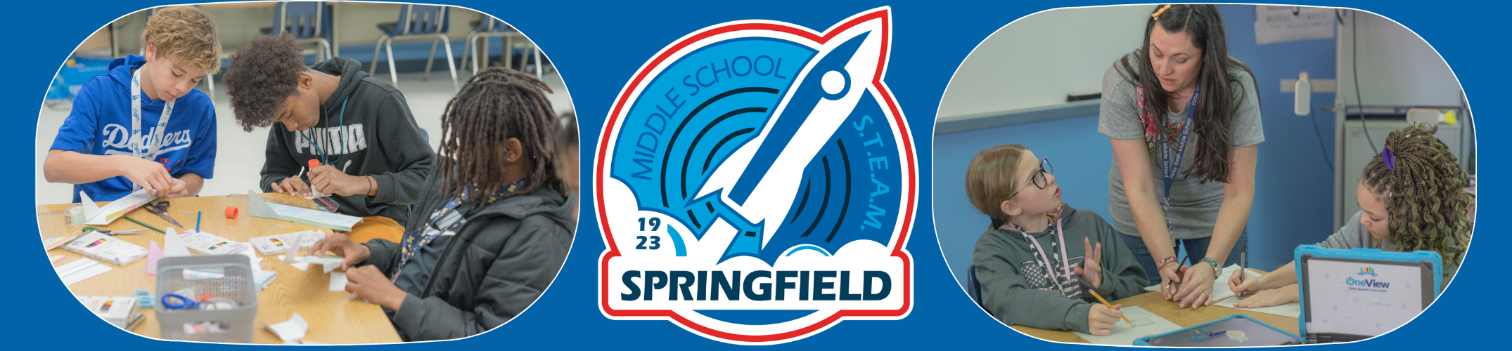 Three panels showing students doing different activities. A logo with "Springfield" and a rocket in the center.
