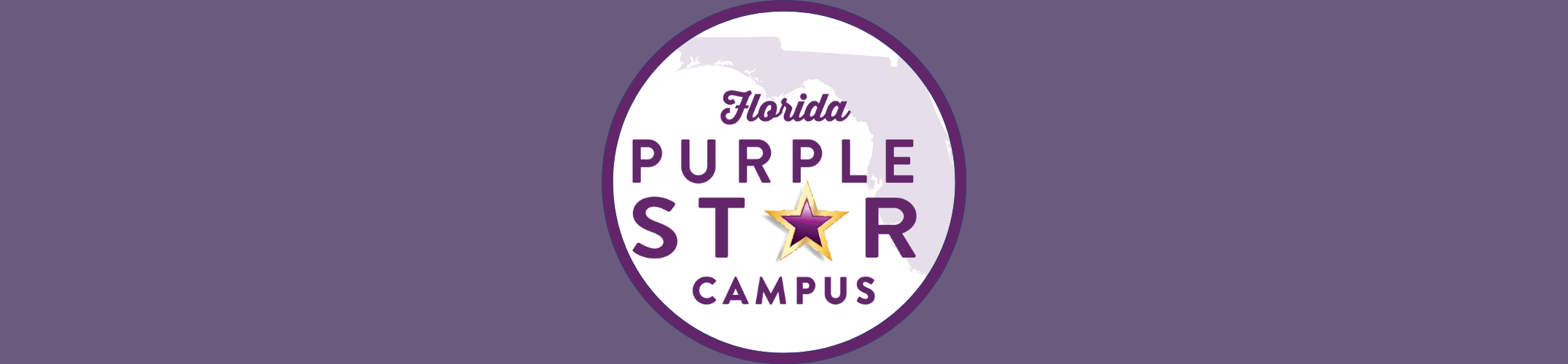 Logo for Florida Purple Star Campus. Purple background with a white circle containing the text "Purple Star Campus" and a yellow star.