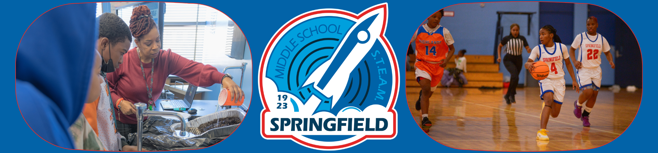Blue background with collage of images. Left: person in red shirt. Center: "Springfield" with rocket. Right: basketball players.