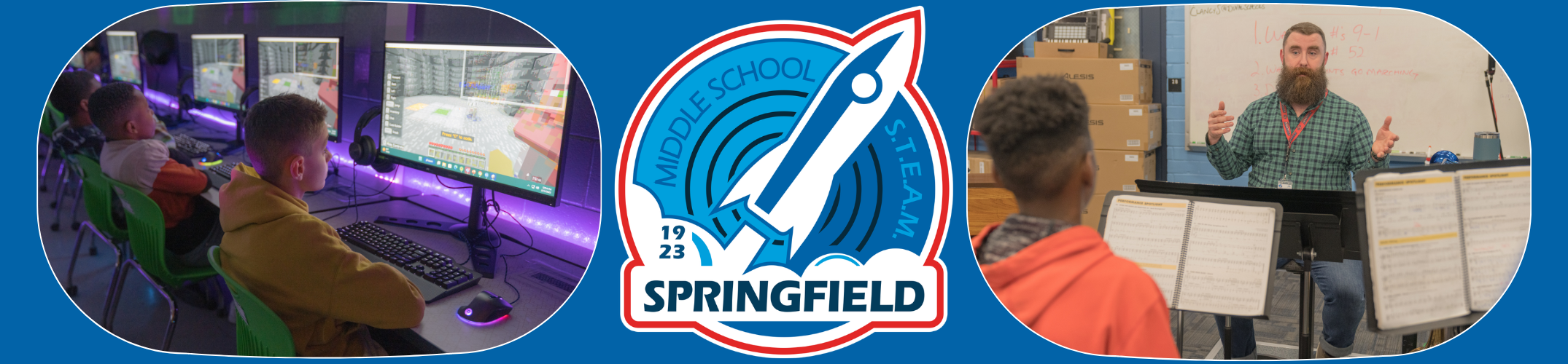 Three scenes: a person sitting at a computer, a rocket logo, and a man giving a presentation.