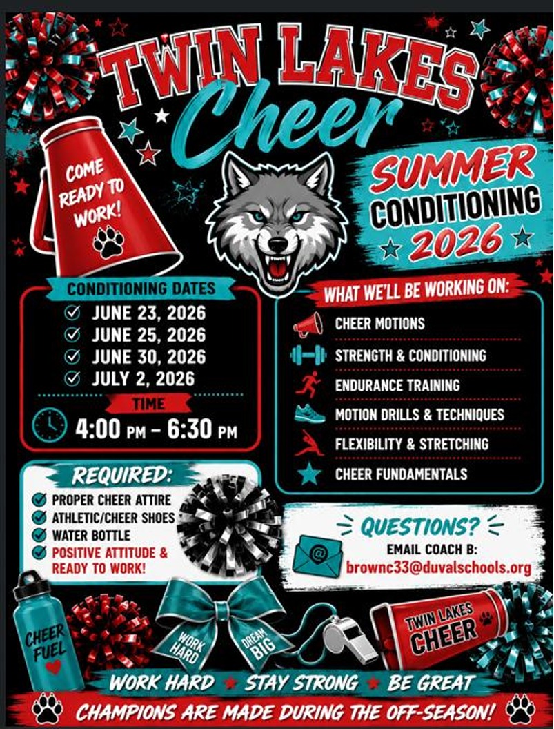 A poster advertises Twin Lakes Cheer's summer conditioning in 2026. It features a wolf head, dates, and activities like strength, endurance, and cheer fundamentals.