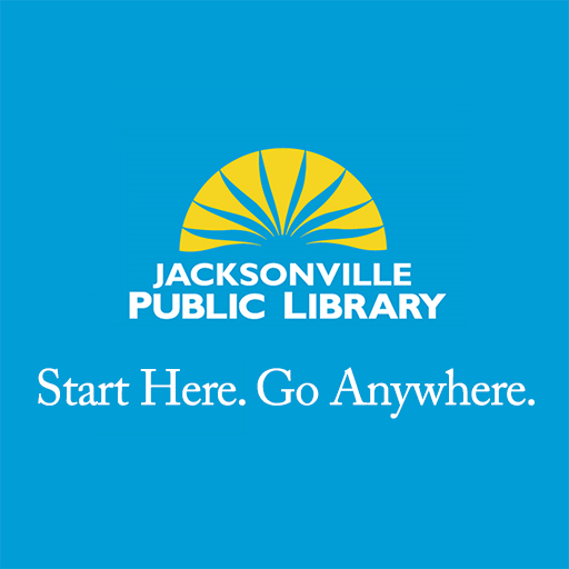 Logo for Jacksonville Public Library with a yellow sunburst design and text: Start Here. Go Anywhere.
