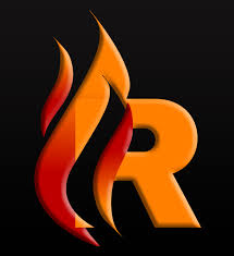 An "R" in orange with red and yellow flames forming the shape on a black background.