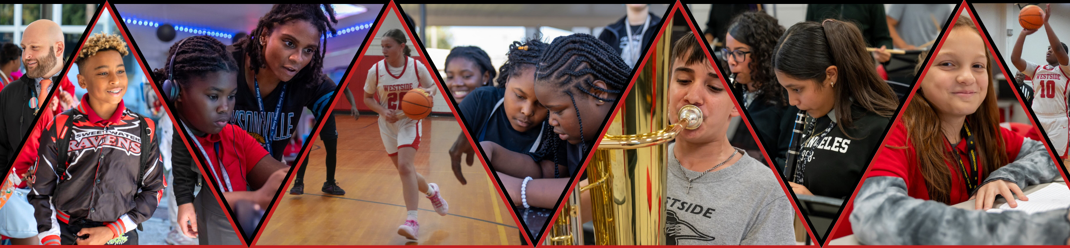 Collage of diverse individuals in a gym, featuring children playing basketball, a child holding a trophy, and people watching.